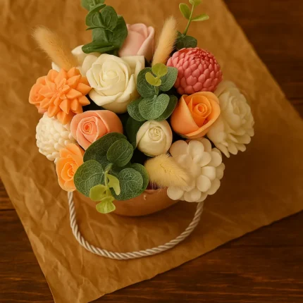 Buchet cu flori din ceară parfumată în cutie rotundă