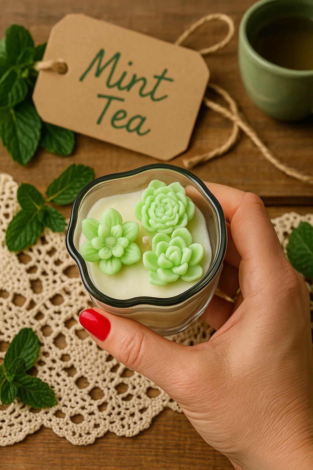 Lumânare parfumată Mint Tea Lumânare parfumată Mint Tea în recipient de sticlă cu suculente din ceară