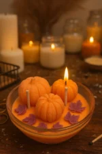 Lumânare Pumpkin Spice cu dovlecei decorativi într-un bol de sticlă