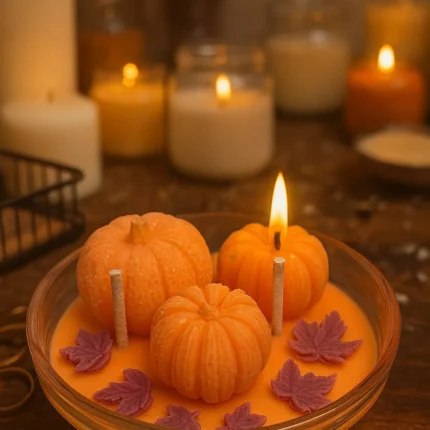 Lumânare Pumpkin Spice cu dovlecei decorativi într-un bol de sticlă