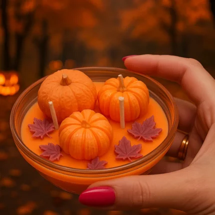 Lumânare Pumpkin Spice ținută în mână, cu decor de dovlecei și frunze