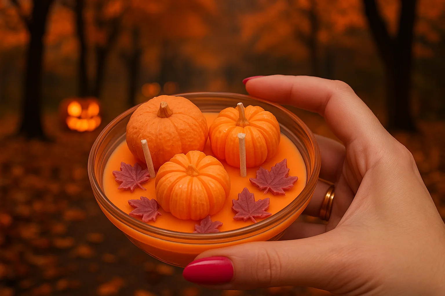 Lumânare Pumpkin Spice – prezentare produs Lumânare Pumpkin Spice ținută în mână, cu decor de dovlecei și frunze