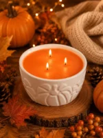 Lumânare parfumată Pumpkin Spice Glow FoxyArt în recipient ceramic cu 3 fitiluri