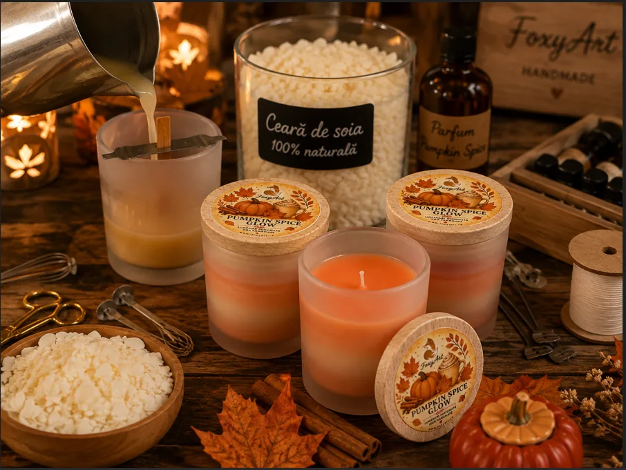 Proces handmade de realizare a lumânării parfumate Pumpkin Spice Glow FoxyArt